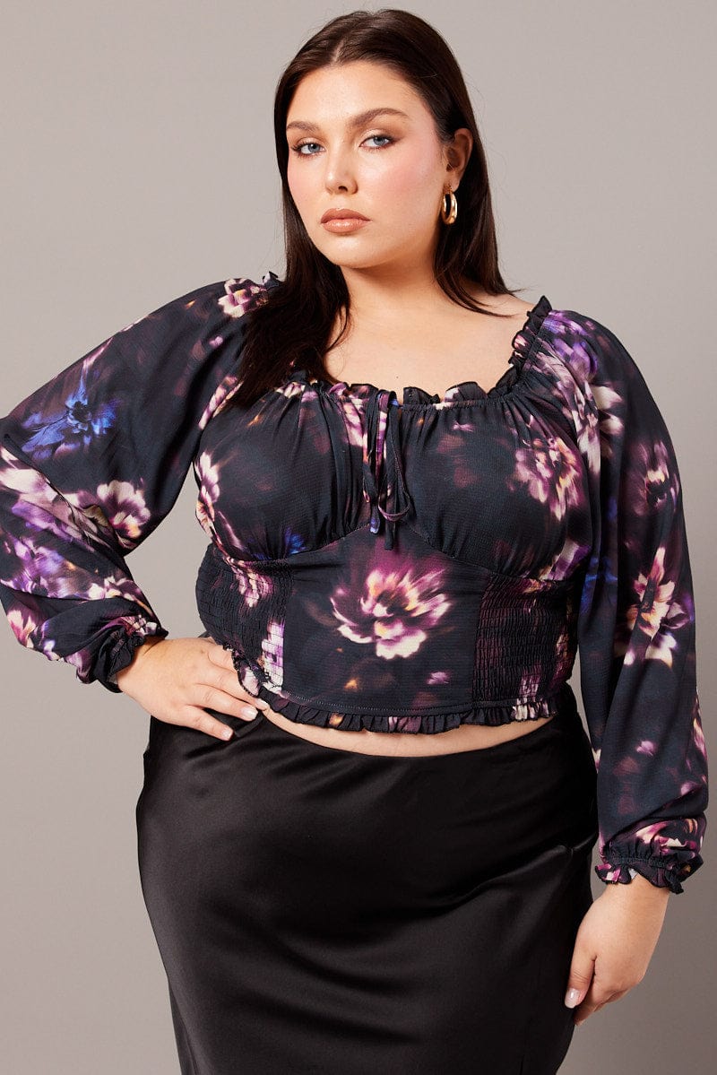 Black Floral Crop Top Long Sleeve Shirred Waist - Image 3