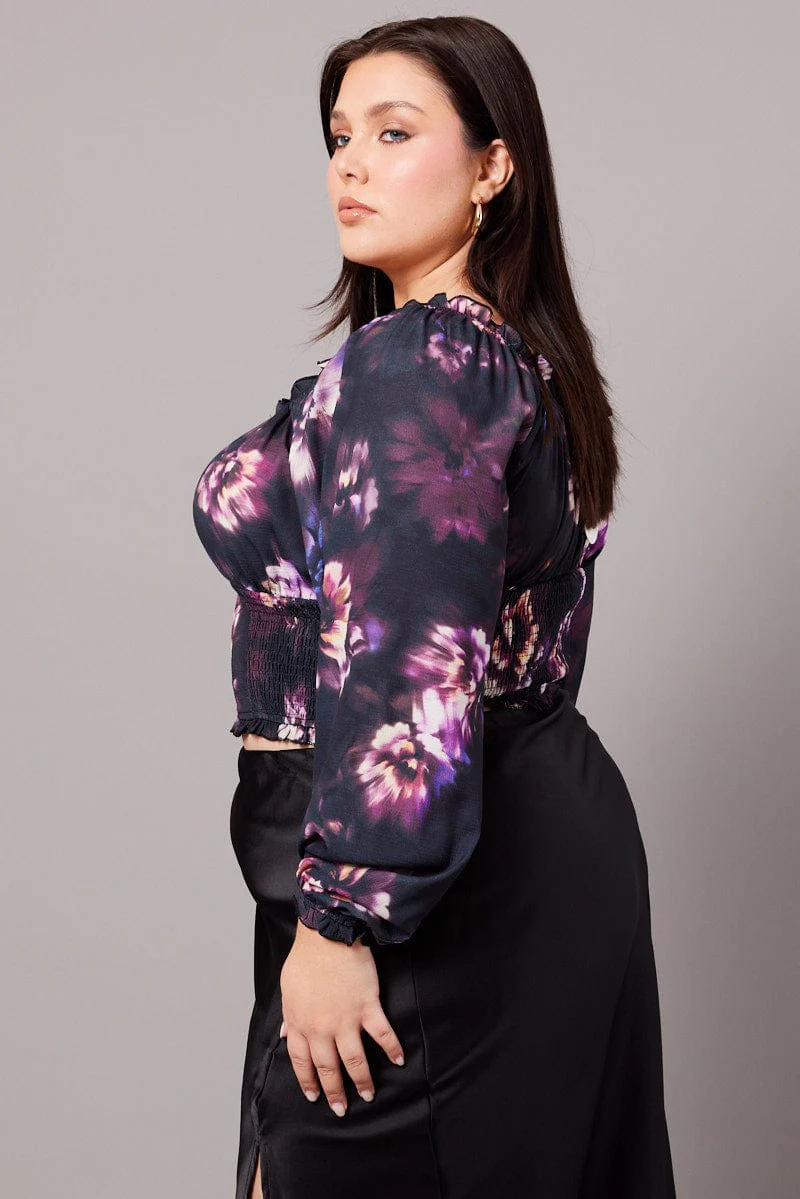 Black Floral Crop Top Long Sleeve Shirred Waist - Image 4