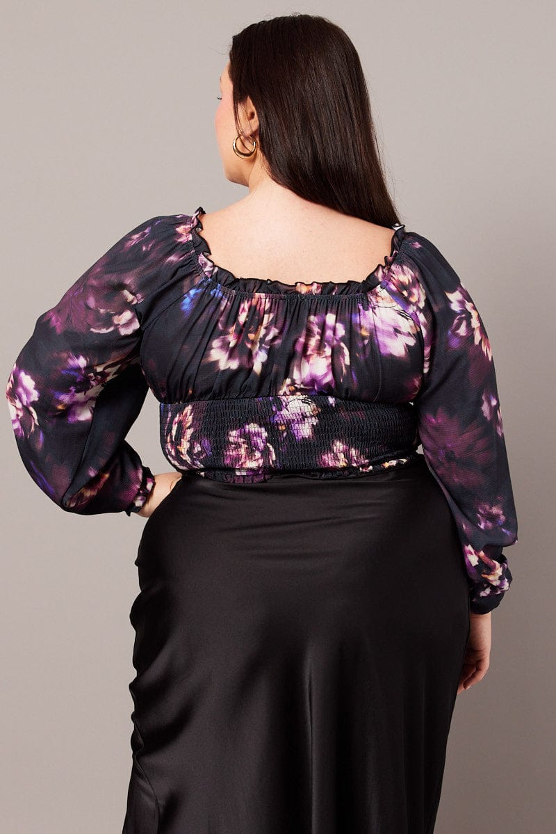 Black Floral Crop Top Long Sleeve Shirred Waist - Image 5