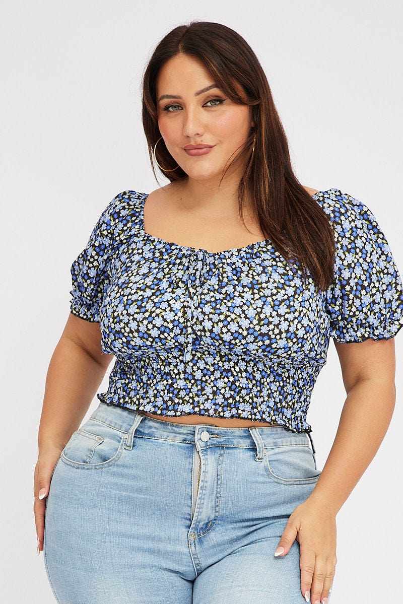 Black Floral Crop Top Short Sleeve Shirred Waist - Image 3