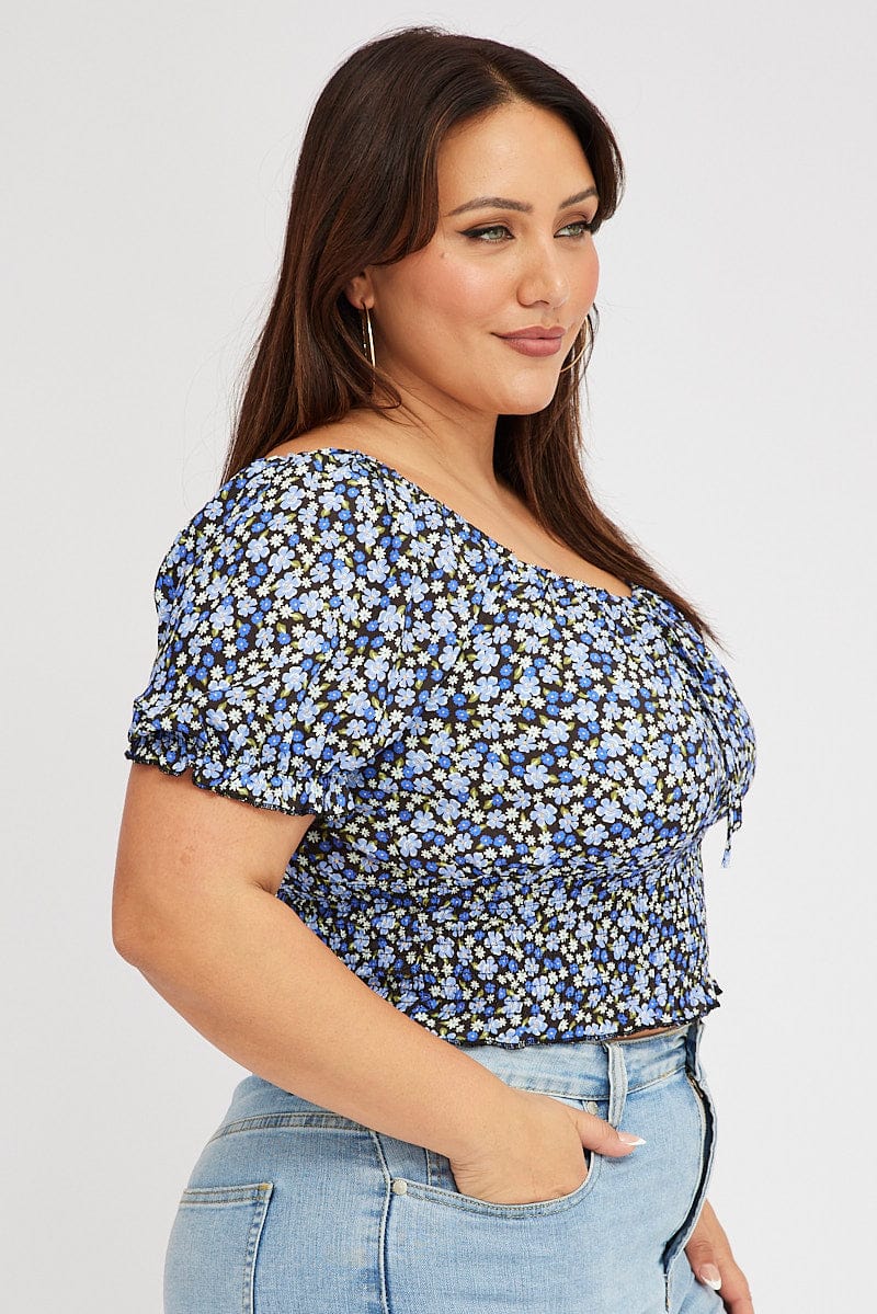 Black Floral Crop Top Short Sleeve Shirred Waist - Image 4