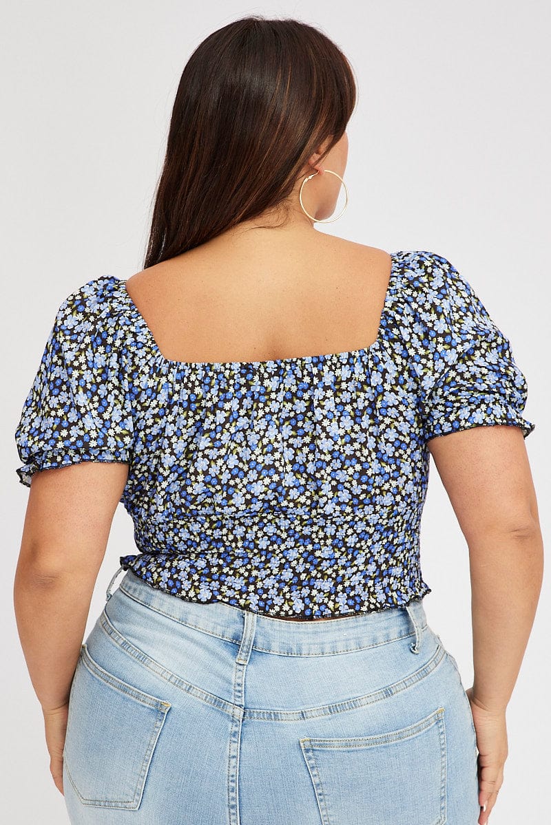 Black Floral Crop Top Short Sleeve Shirred Waist - Image 5