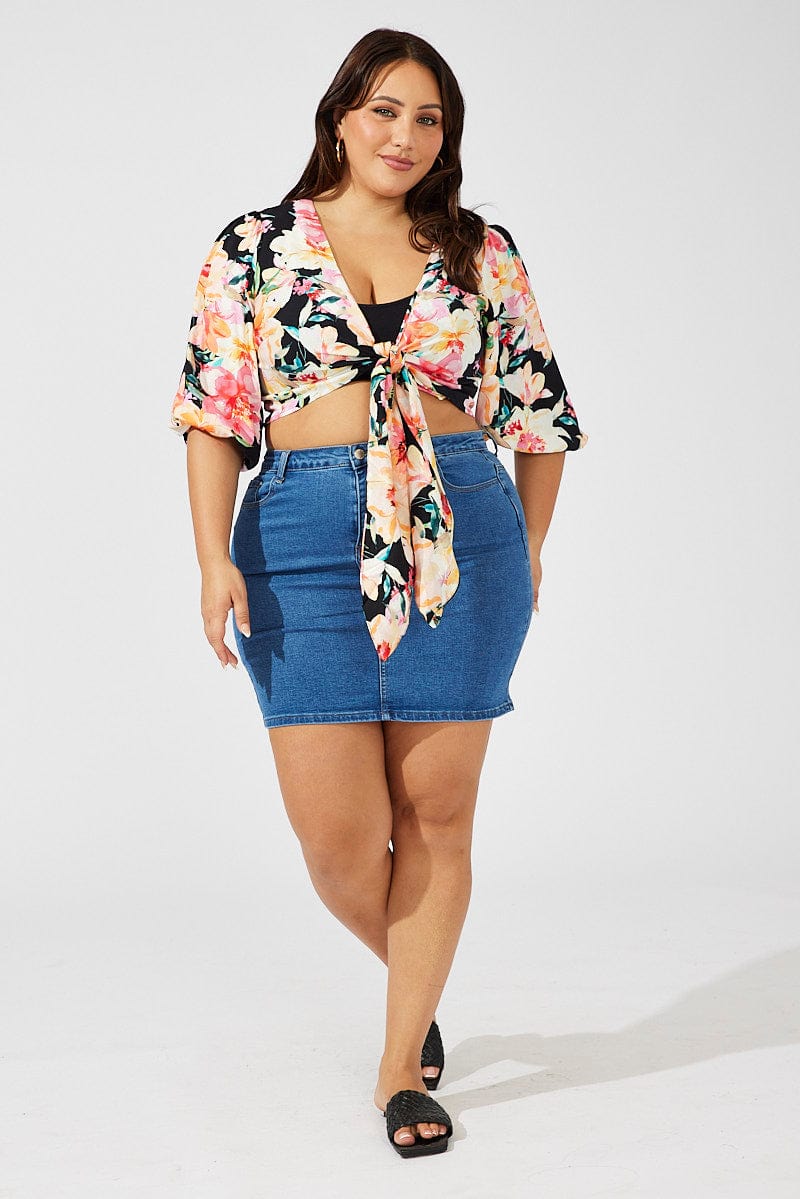 Black Floral Crop Top Short Sleeve Tie Front - Image 2