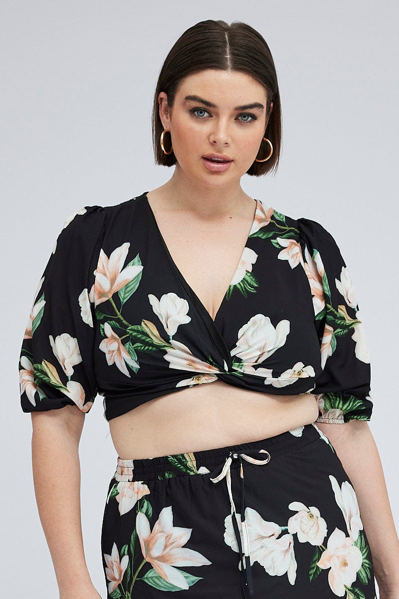 Black Floral Crop Top Short Sleeve Twist Front - Image 3