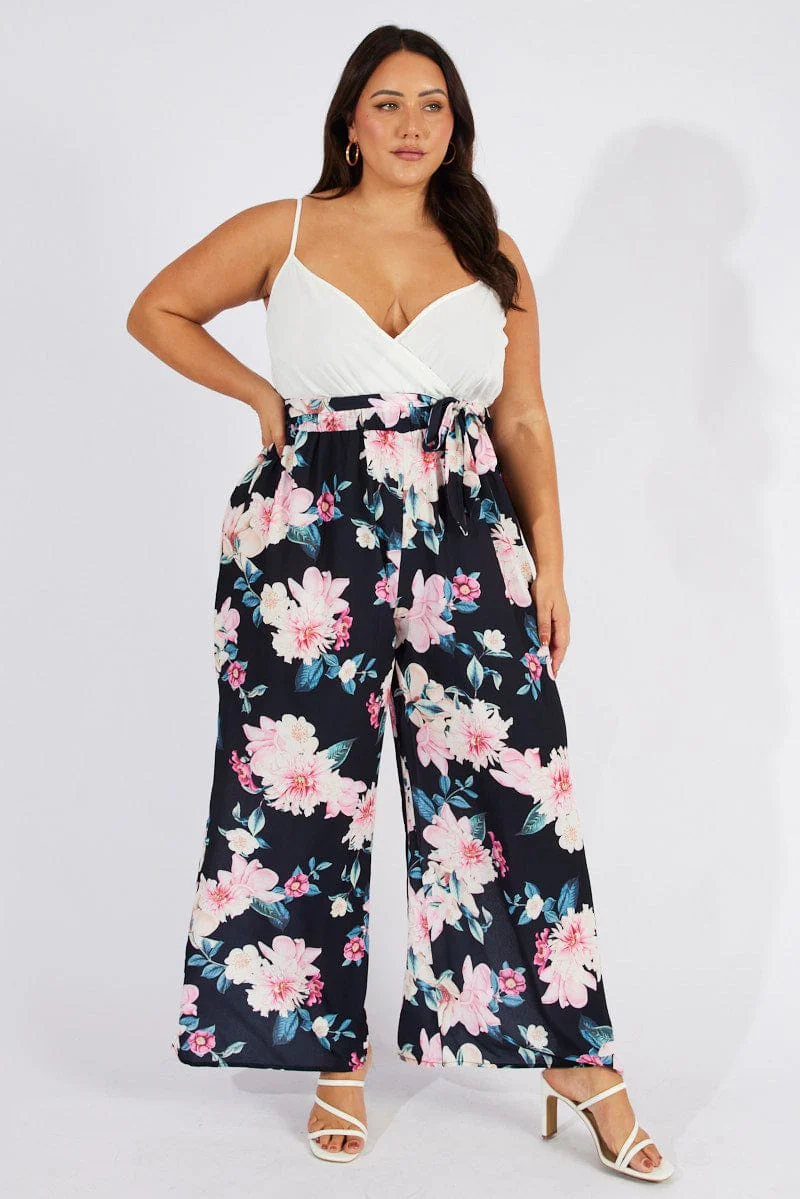 Black Floral Crossover Front Contrast Bodice Jumpsuit