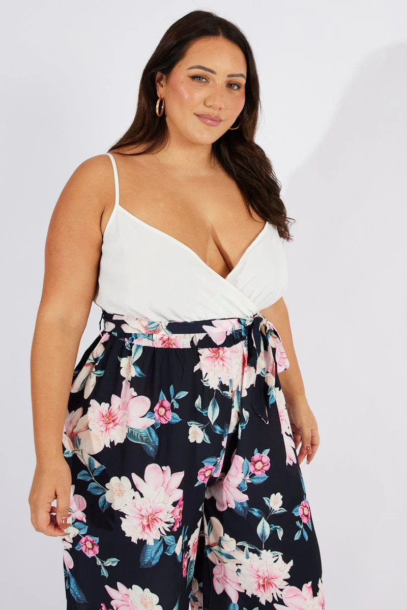 Black Floral Crossover Front Contrast Bodice Jumpsuit - Image 3