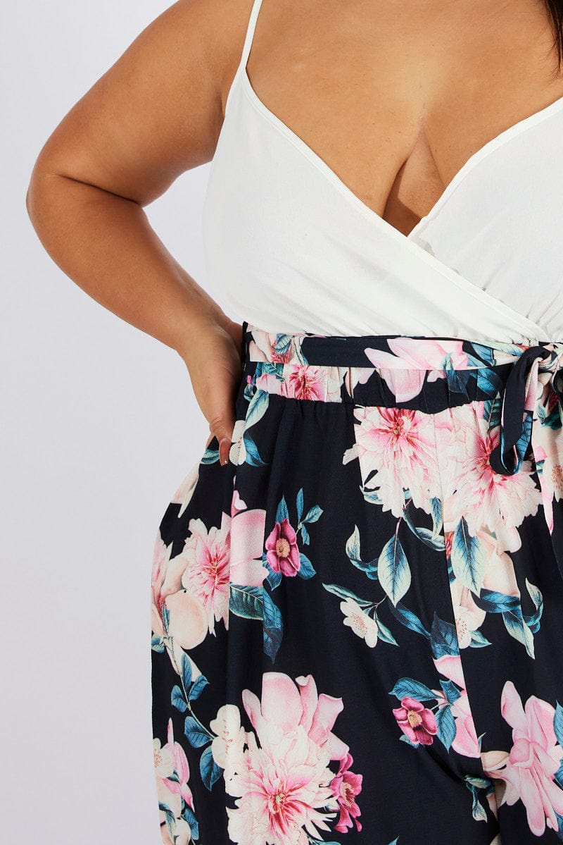 Black Floral Crossover Front Contrast Bodice Jumpsuit - Image 6