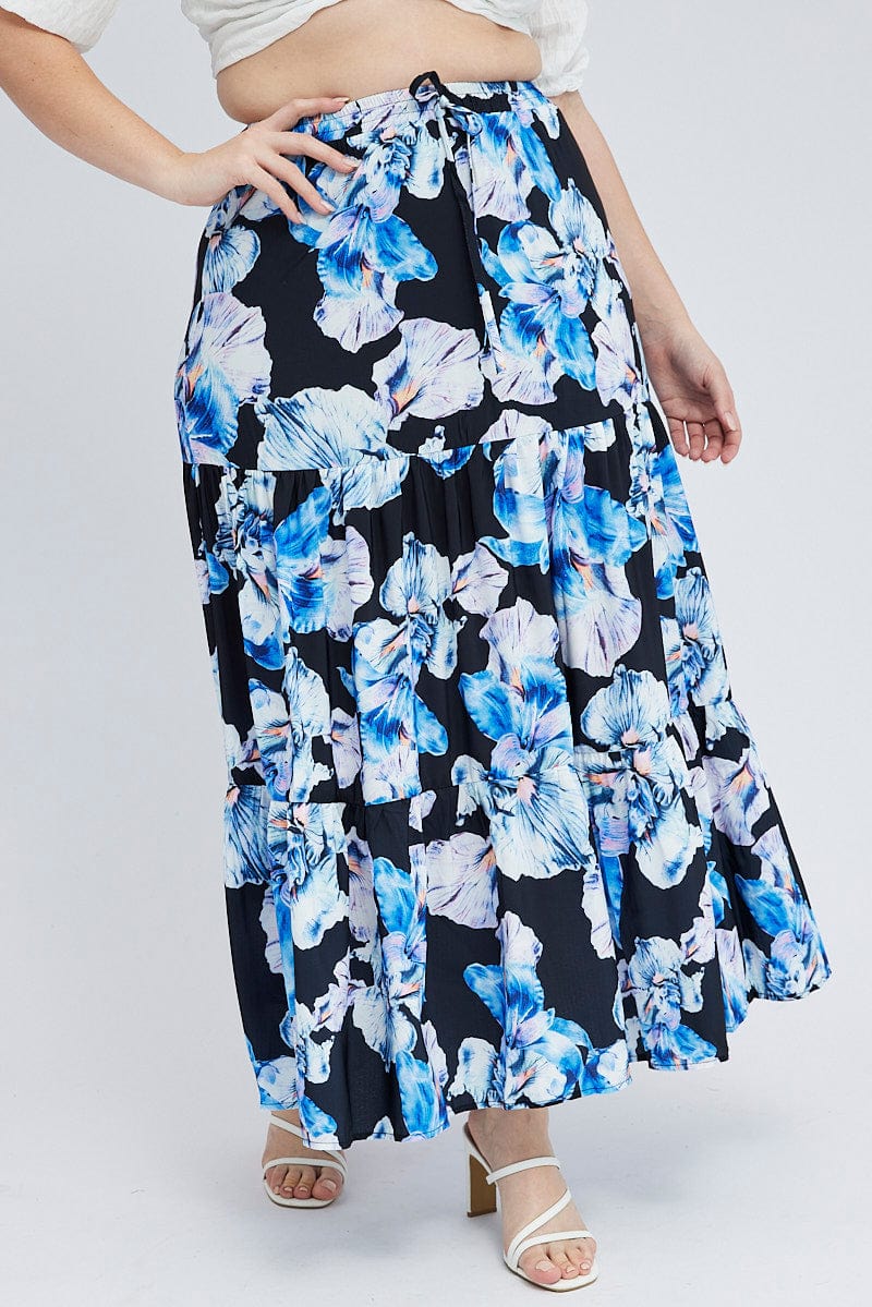 Black Floral Elastic Waist Maxi Skirt - Image 2