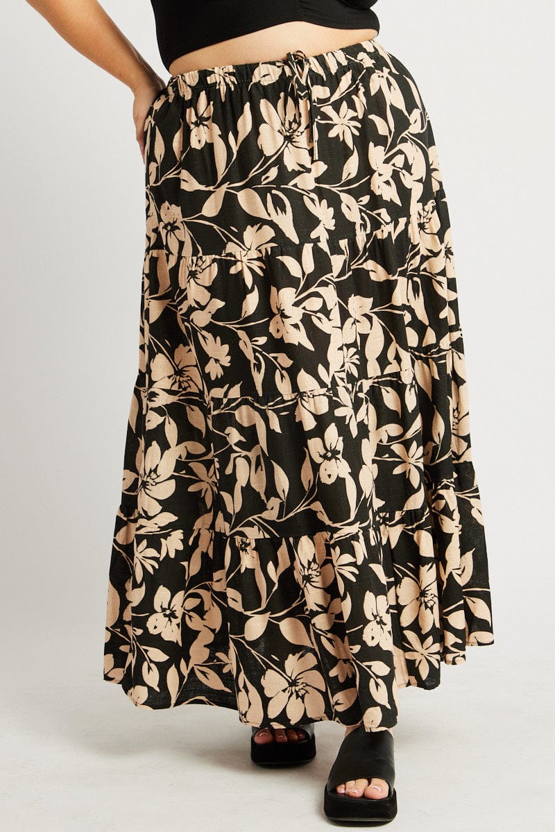 Black Floral Elastic Waist Tiered Maxi Skirt - Image 2