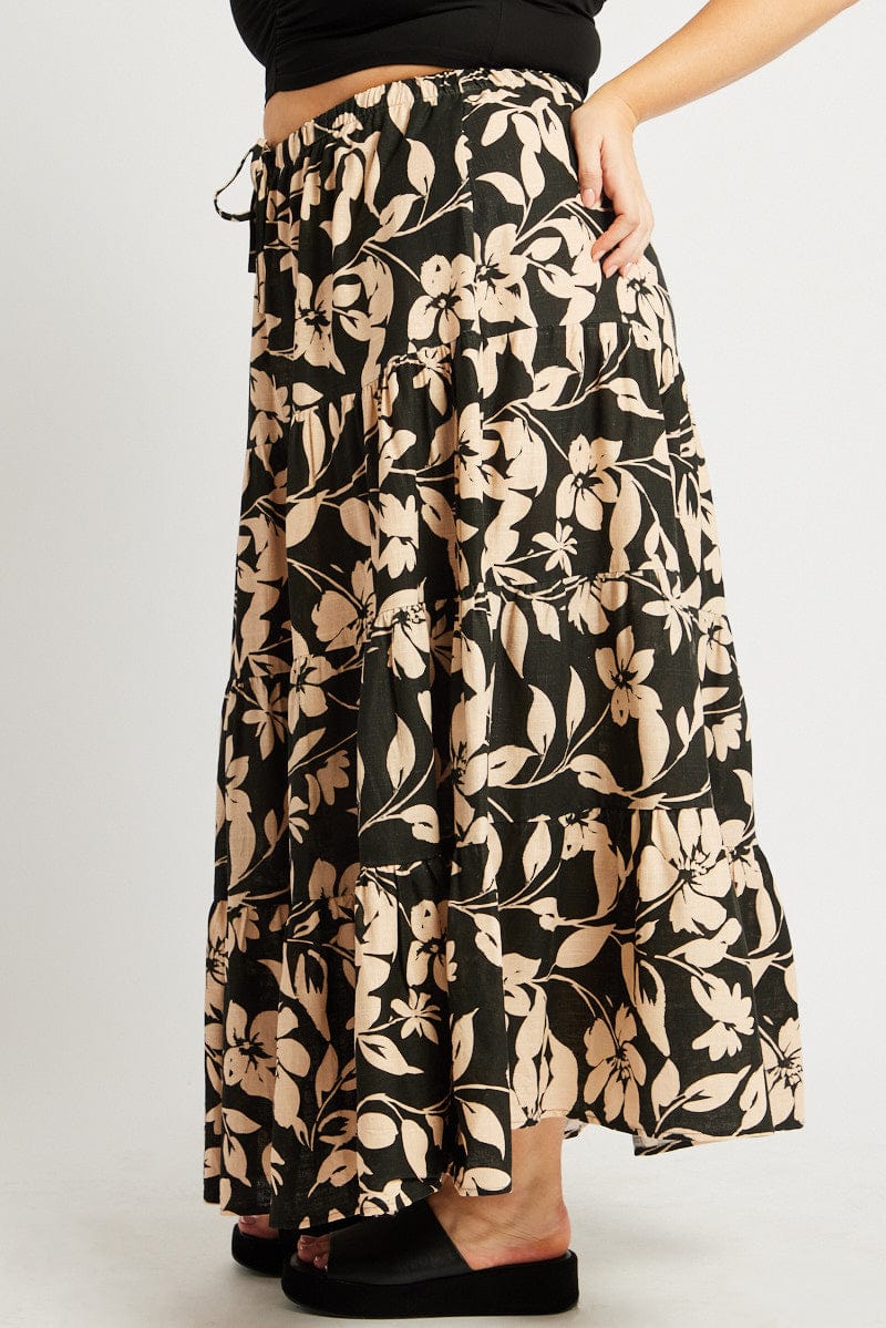 Black Floral Elastic Waist Tiered Maxi Skirt - Image 4