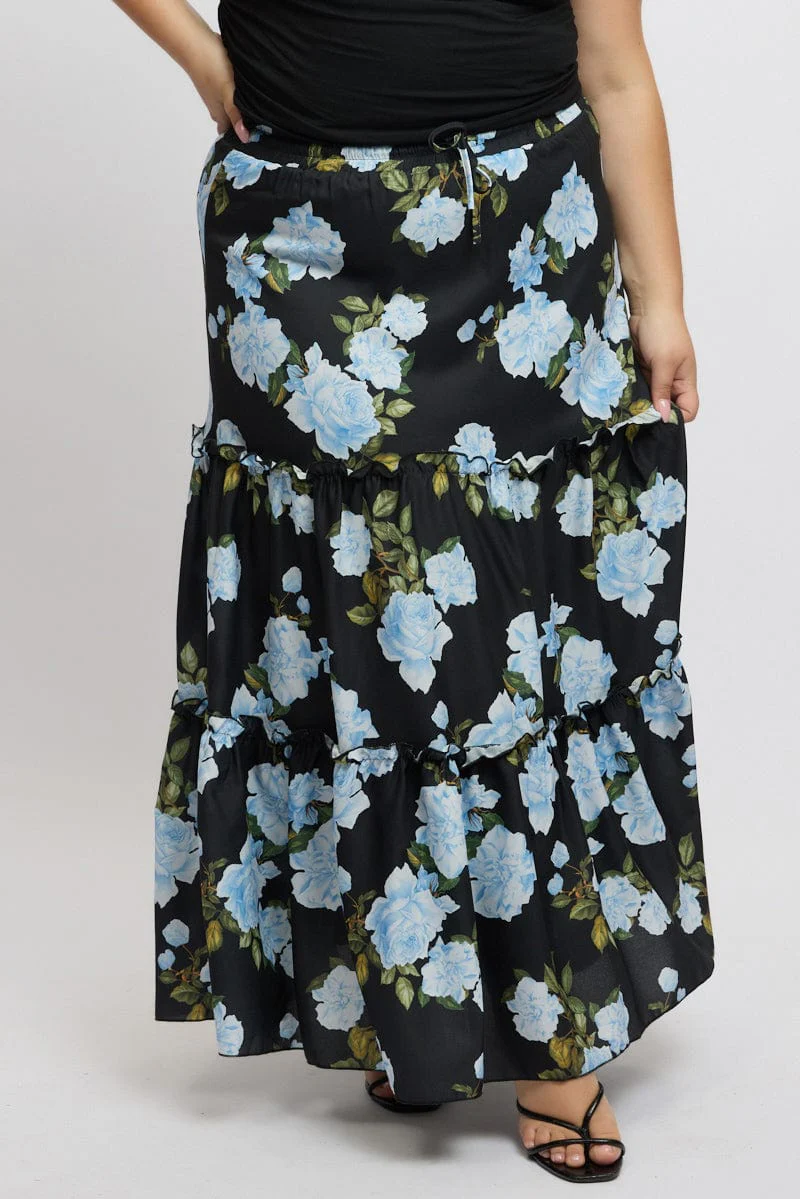 Black Floral Elastic Waist Tiered Maxiskirt - Image 2