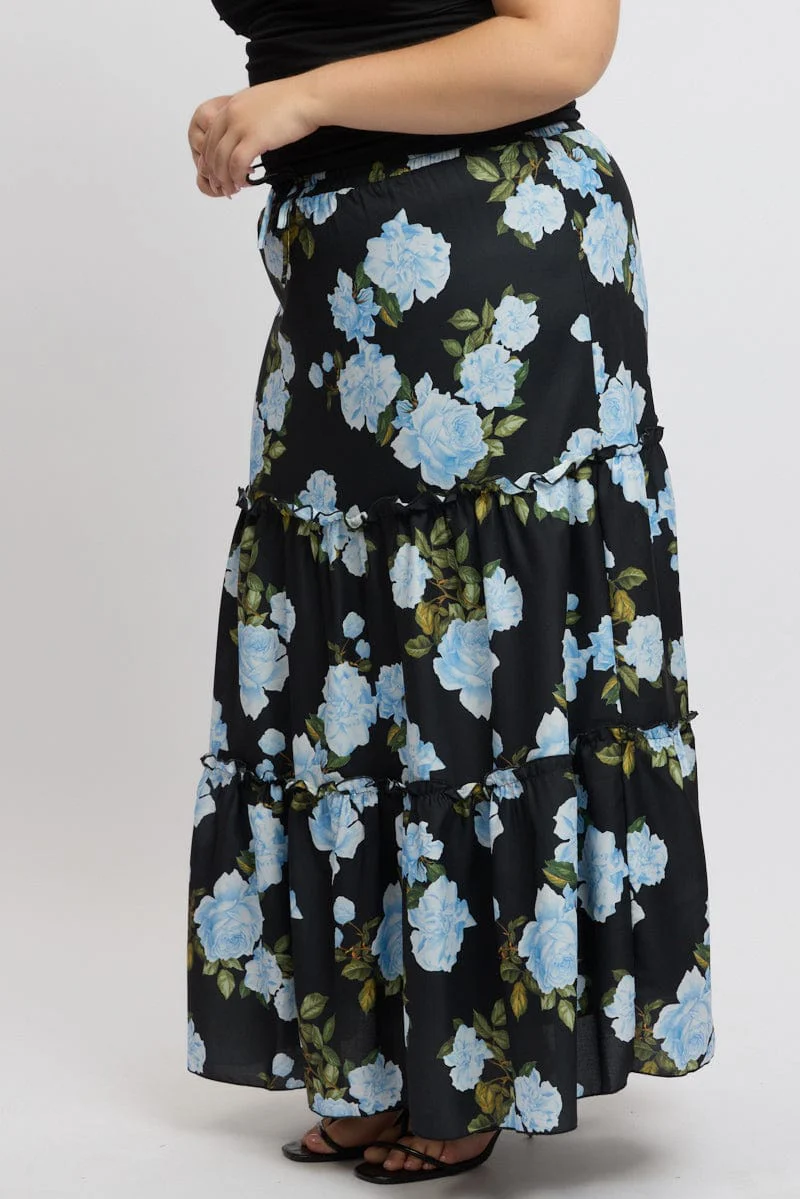 Black Floral Elastic Waist Tiered Maxiskirt - Image 4