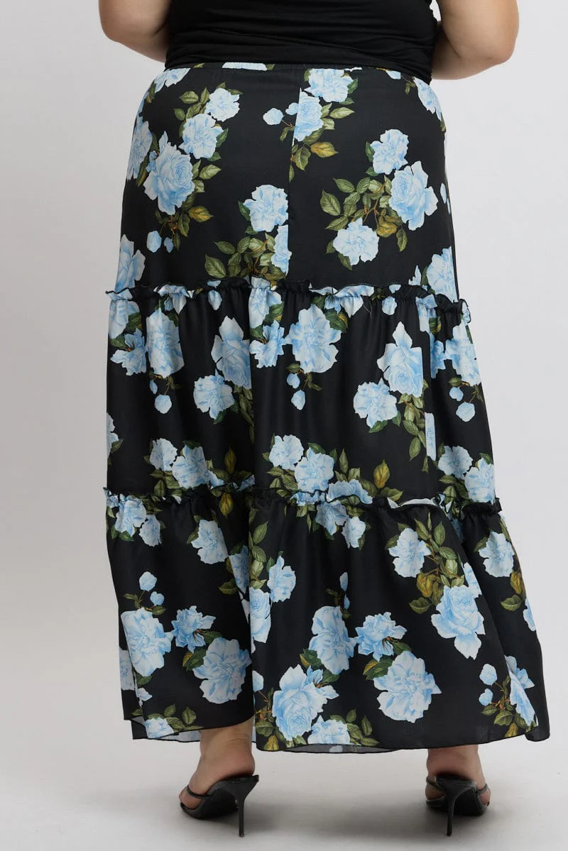 Black Floral Elastic Waist Tiered Maxiskirt - Image 5