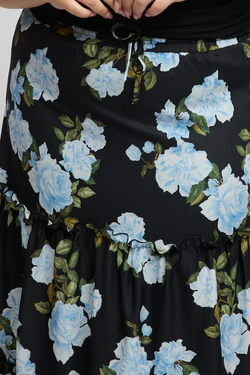 Black Floral Elastic Waist Tiered Maxiskirt - Image 6