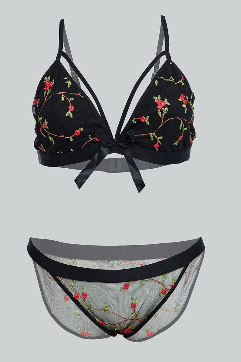 Black Floral Embroidery Lingerie Set