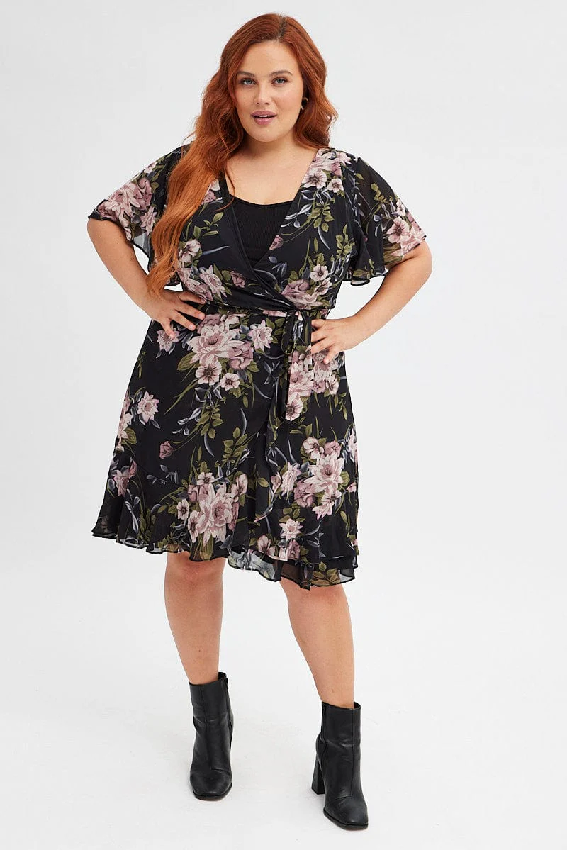 Black Floral Fit And Flare Dress Short Sleeve Wrap - Image 2