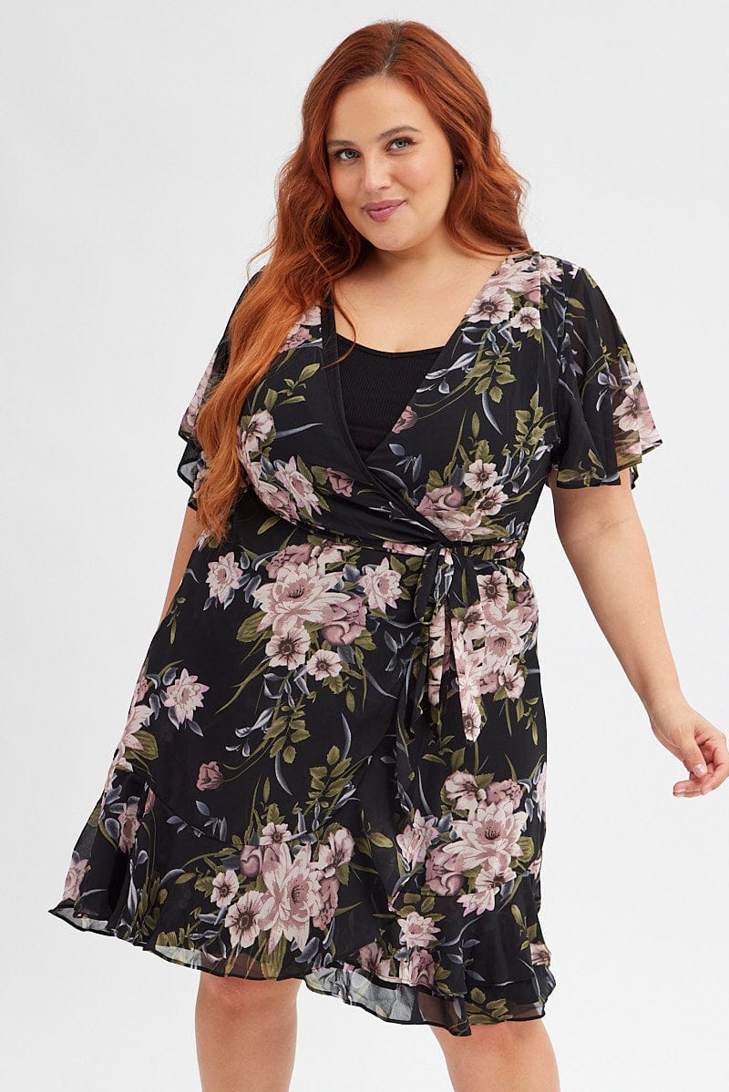 Black Floral Fit And Flare Dress Short Sleeve Wrap - Image 3