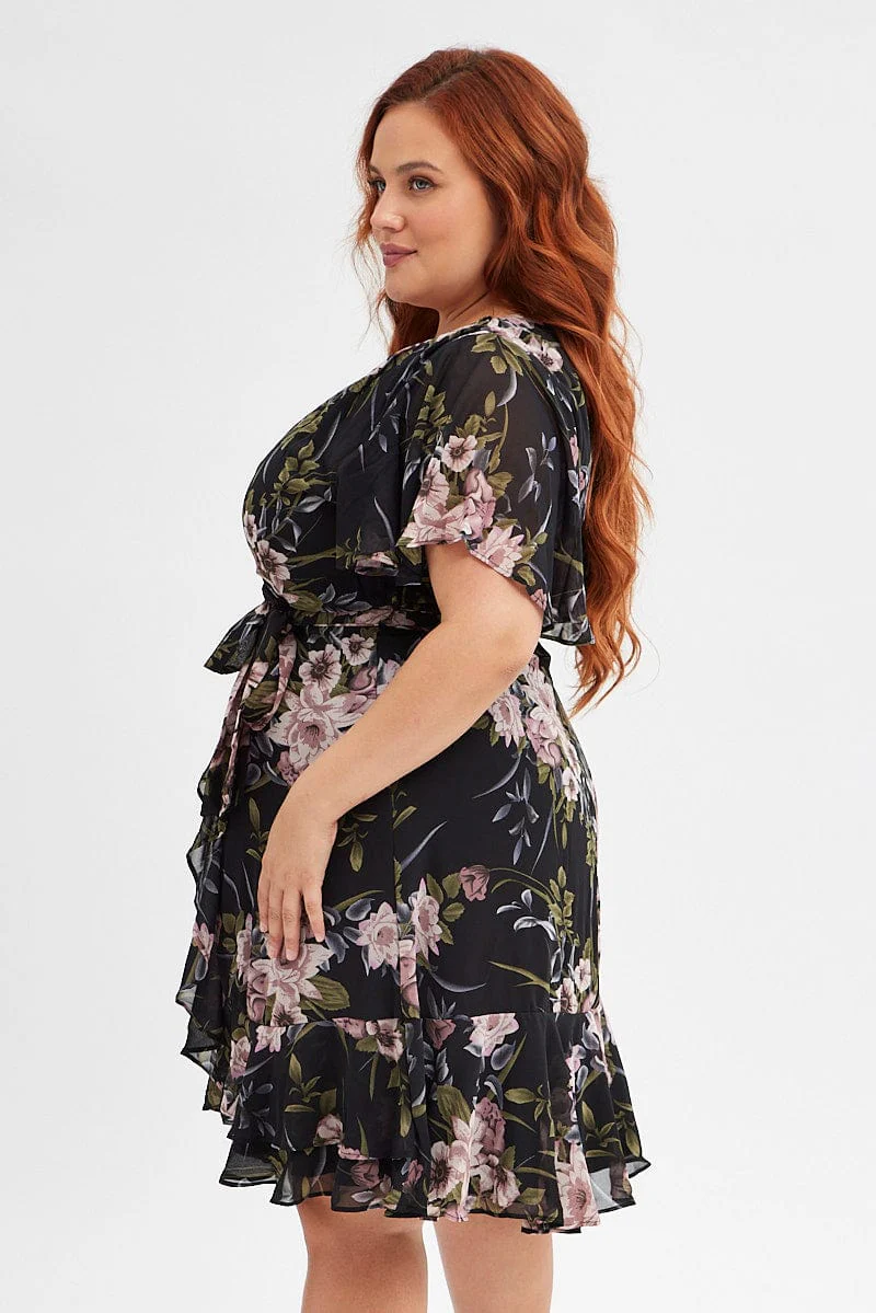 Black Floral Fit And Flare Dress Short Sleeve Wrap - Image 4