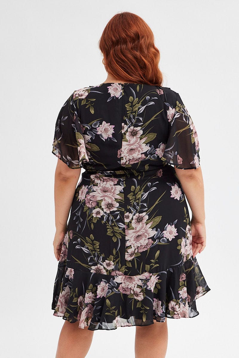 Black Floral Fit And Flare Dress Short Sleeve Wrap - Image 5