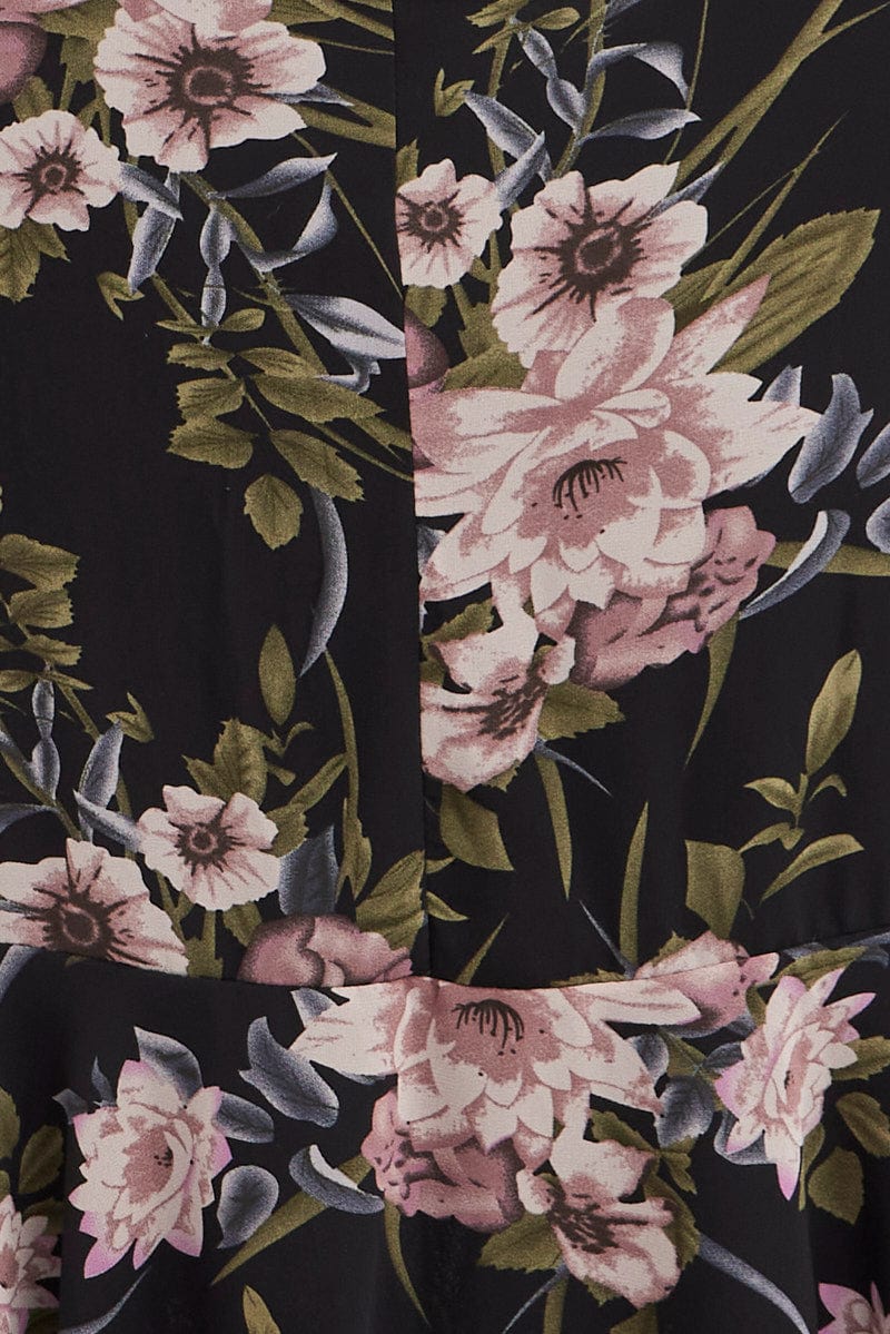 Black Floral Fit And Flare Dress Short Sleeve Wrap - Image 6