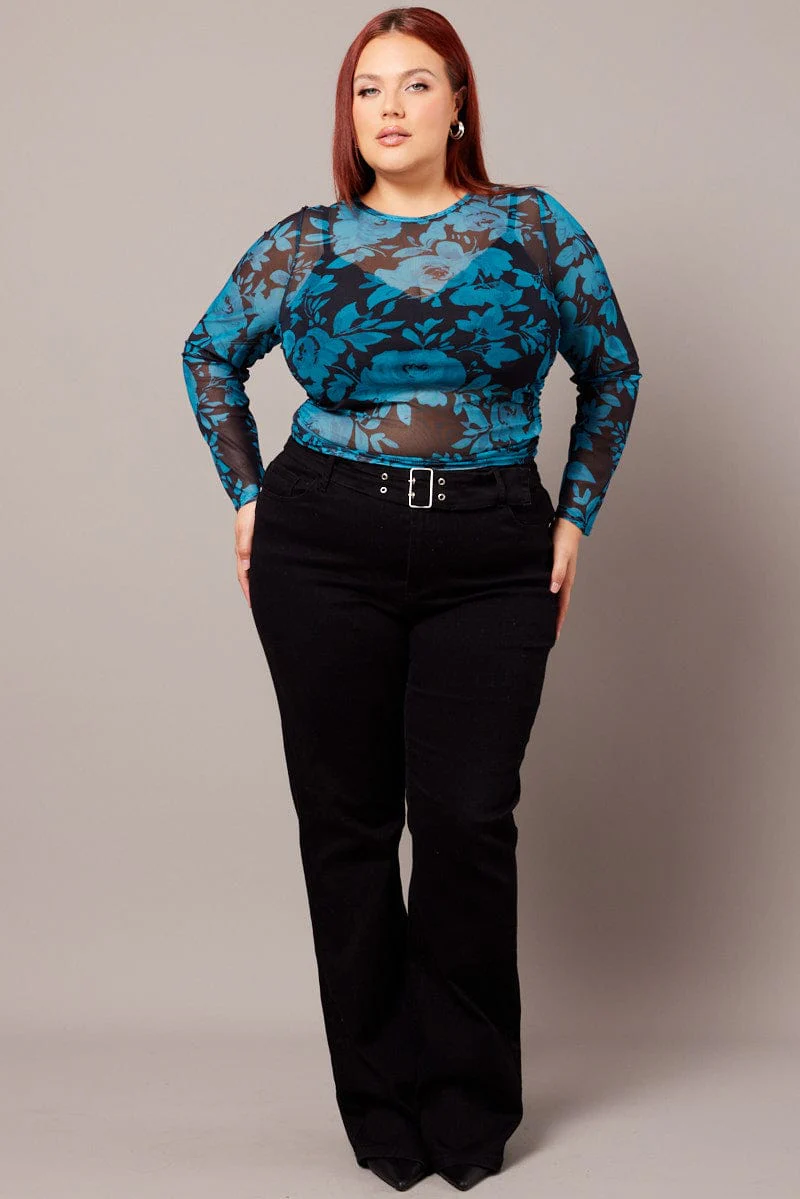 Black Floral Floral Mesh Top Long Sleeve Crew Neck - Image 2