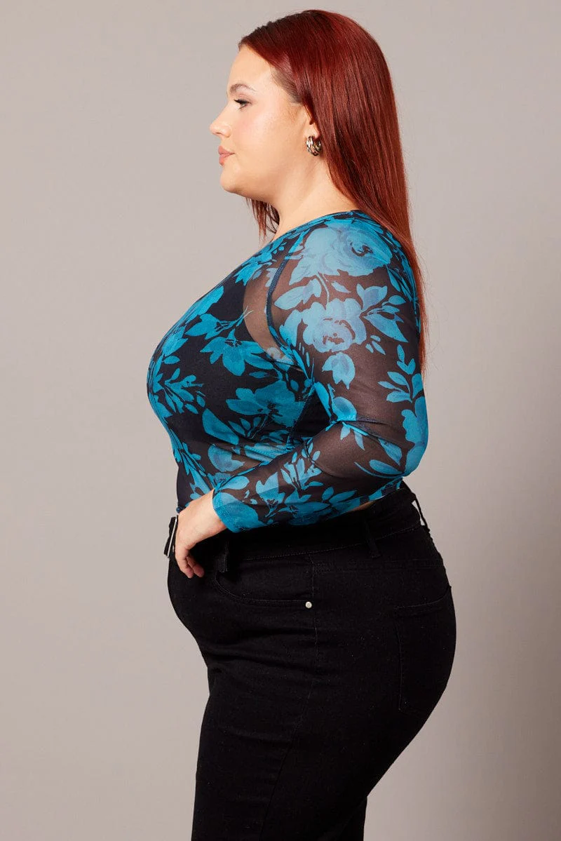 Black Floral Floral Mesh Top Long Sleeve Crew Neck - Image 4