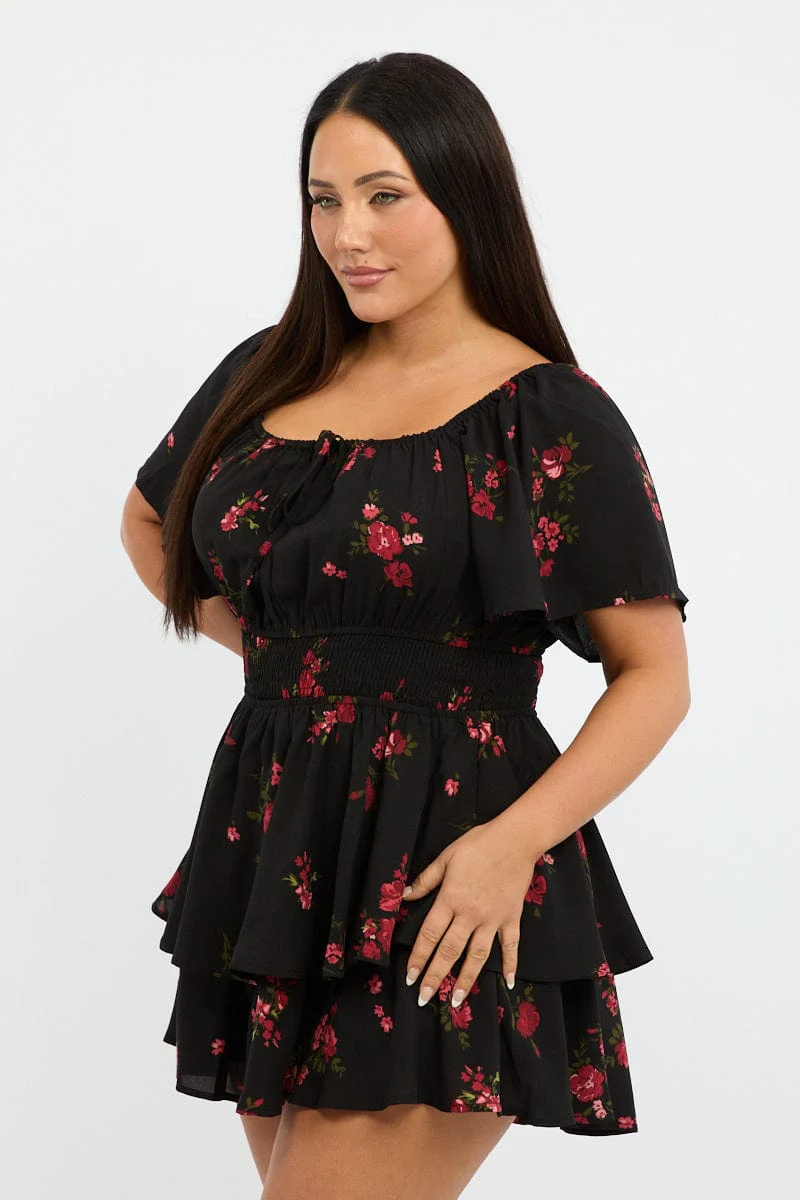 Black Floral Floral Playsuit Short Sleeve - Image 3