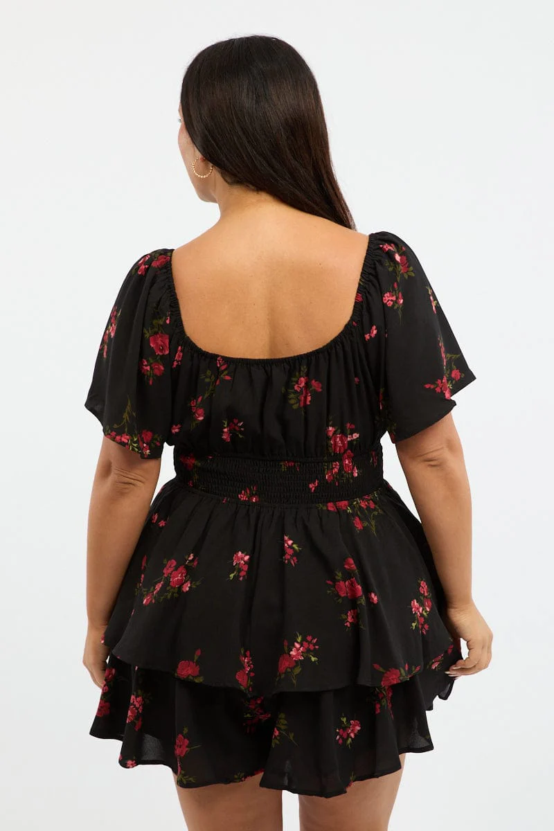 Black Floral Floral Playsuit Short Sleeve - Image 4