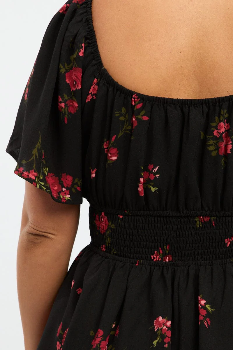 Black Floral Floral Playsuit Short Sleeve - Image 5