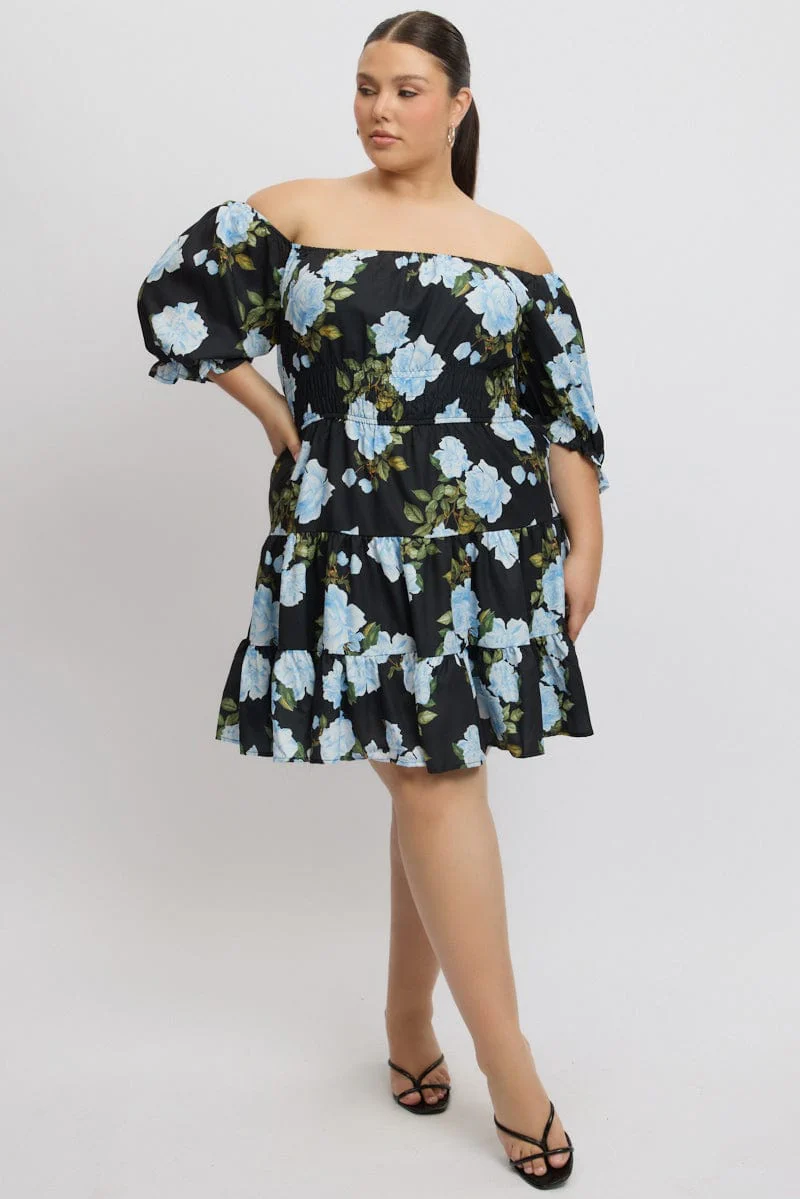 Black Floral Gather Detail Frill Minidress - Image 2