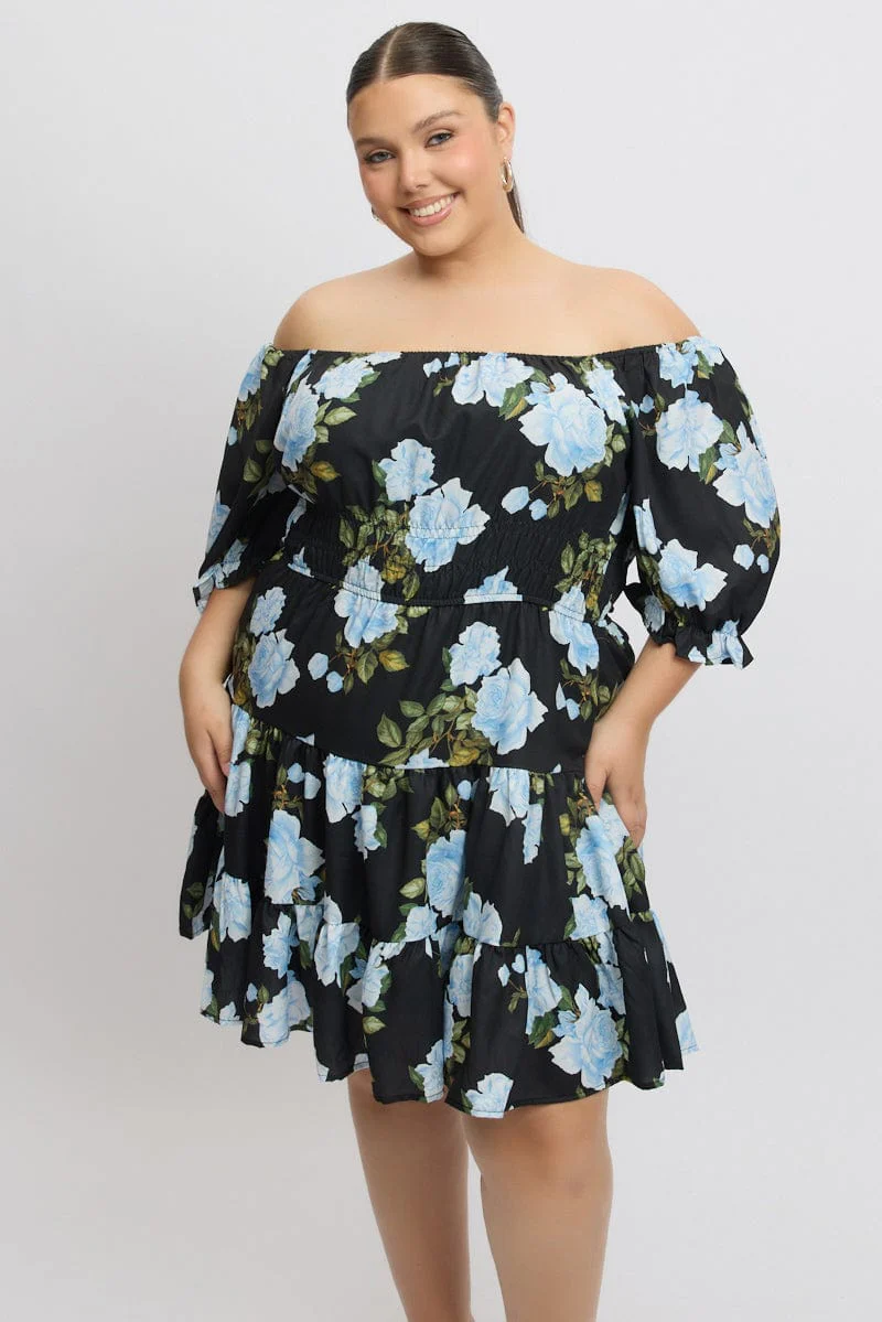 Black Floral Gather Detail Frill Minidress - Image 3
