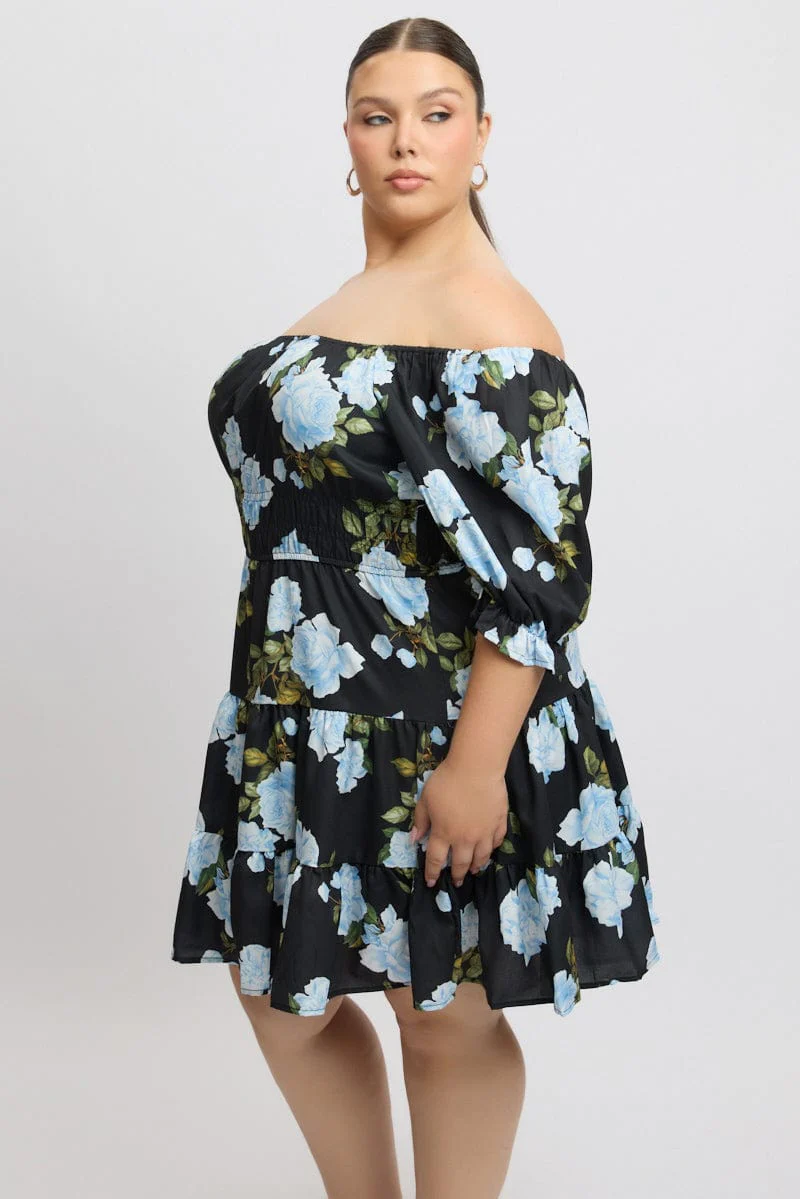 Black Floral Gather Detail Frill Minidress - Image 4