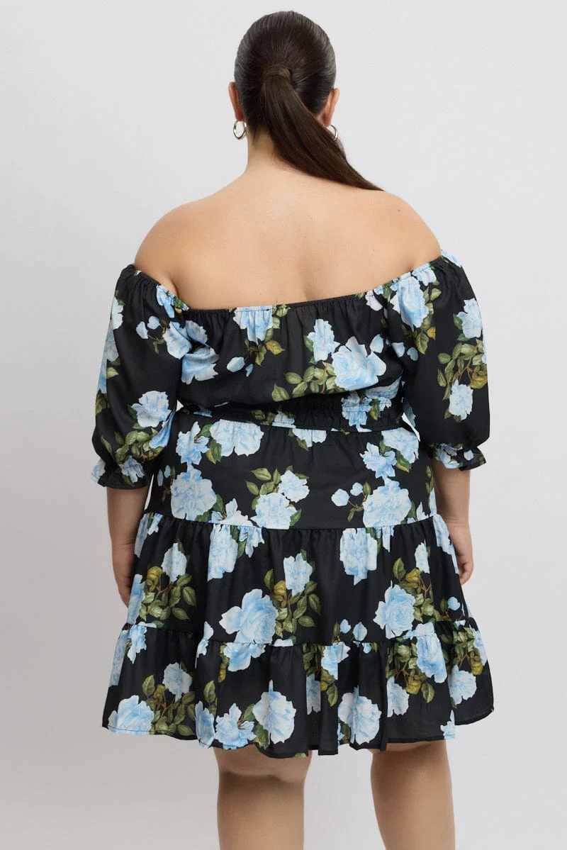 Black Floral Gather Detail Frill Minidress - Image 5