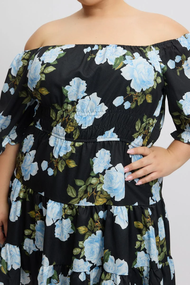 Black Floral Gather Detail Frill Minidress - Image 6