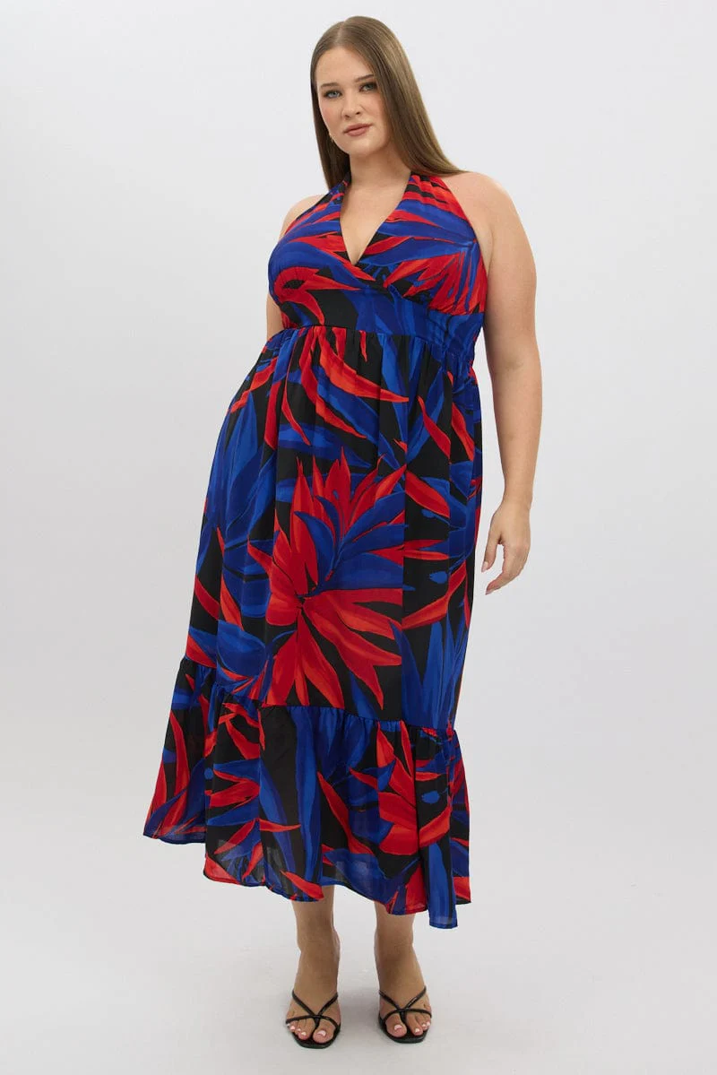 Black Floral Halter Dress Sleeveless Tiered - Image 3