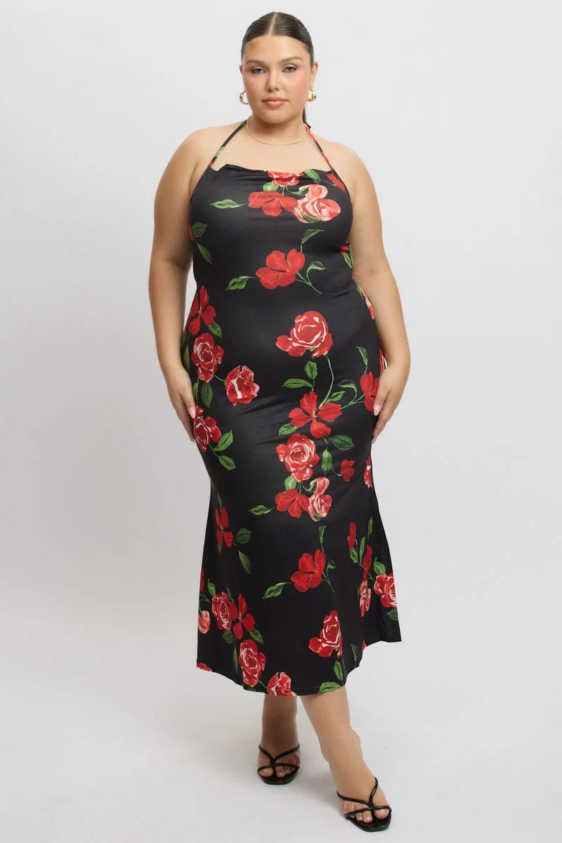 Black Floral Jersey Halter Bodycon Maxidress - Image 2