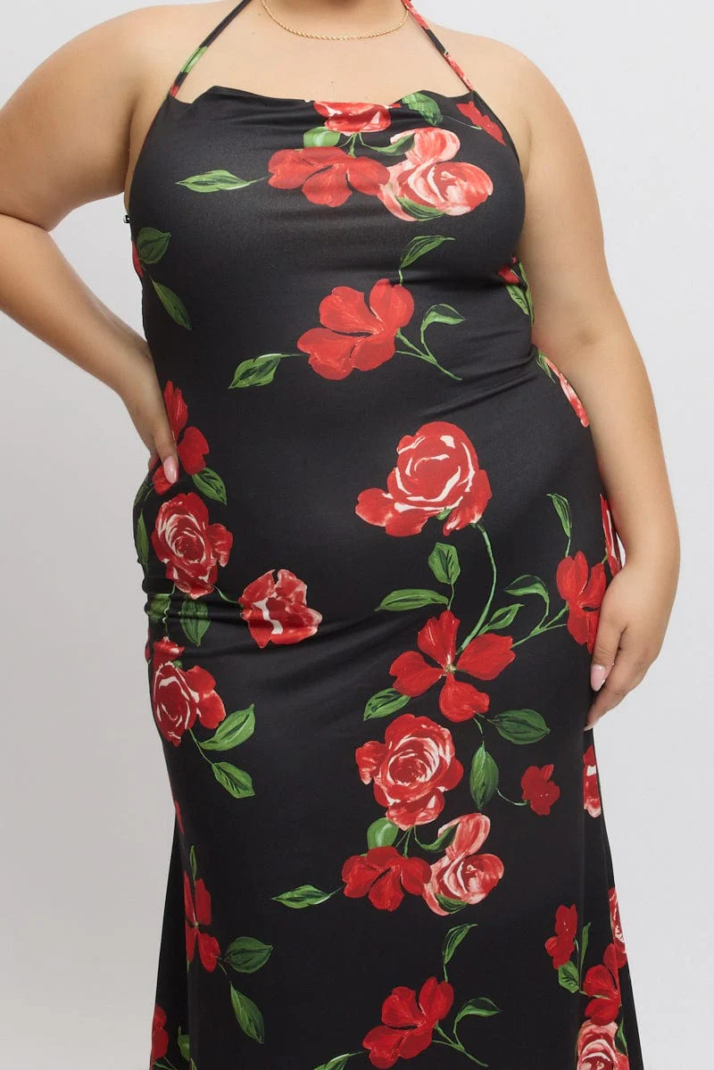 Black Floral Jersey Halter Bodycon Maxidress - Image 6