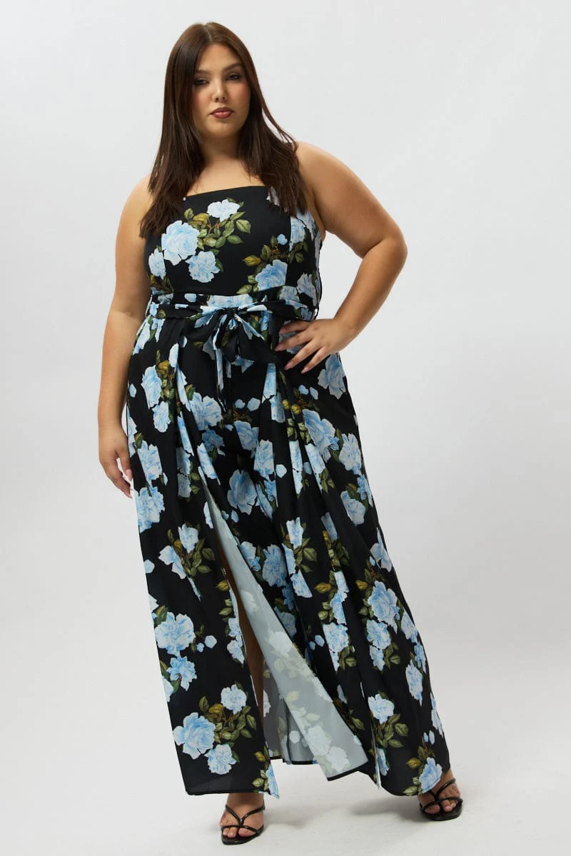 Black Floral Jumpsuit Sleeveless Belted - Image 2