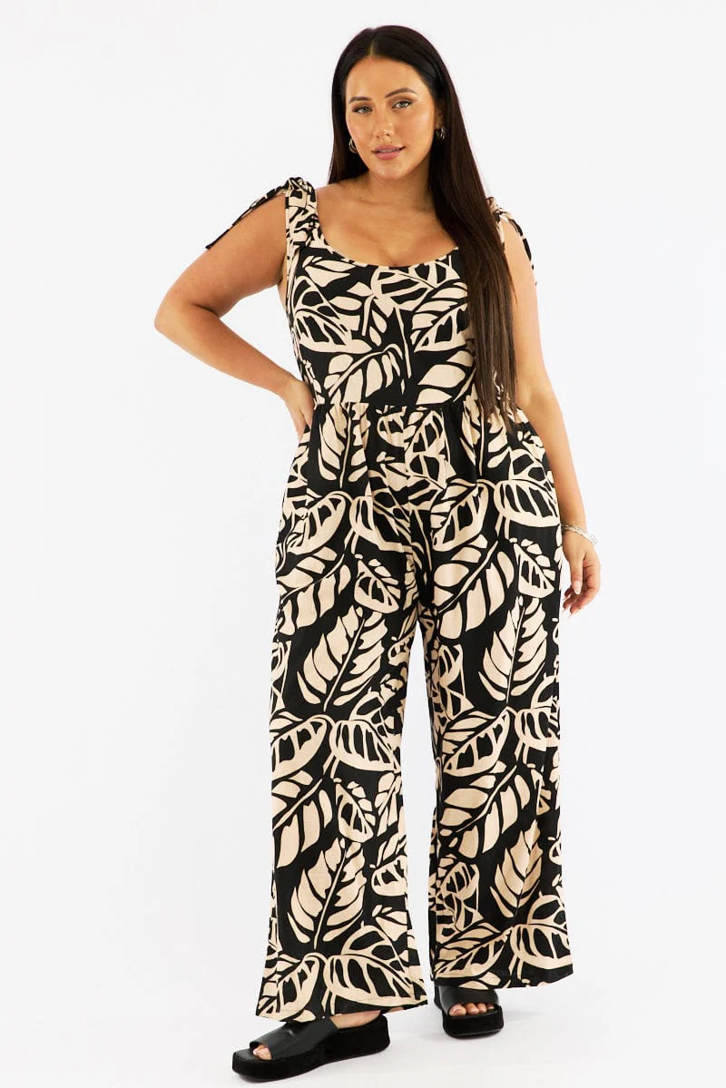Black Floral Jumpsuit Sleeveless Shoulder Tie Linen Blend - Image 2
