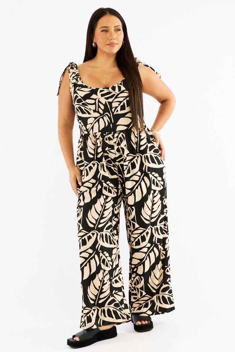 Black Floral Jumpsuit Sleeveless Shoulder Tie Linen Blend - Image 3
