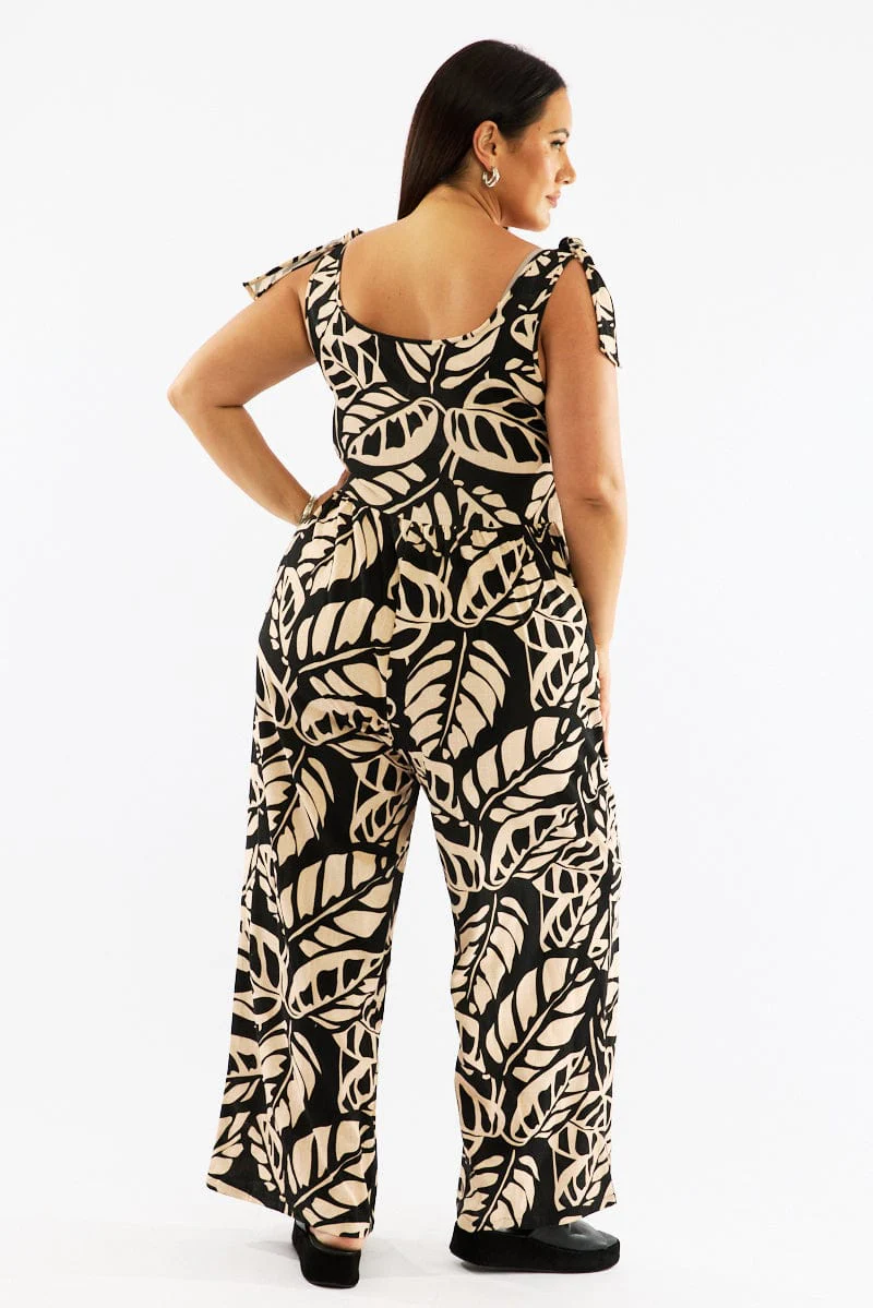 Black Floral Jumpsuit Sleeveless Shoulder Tie Linen Blend - Image 5
