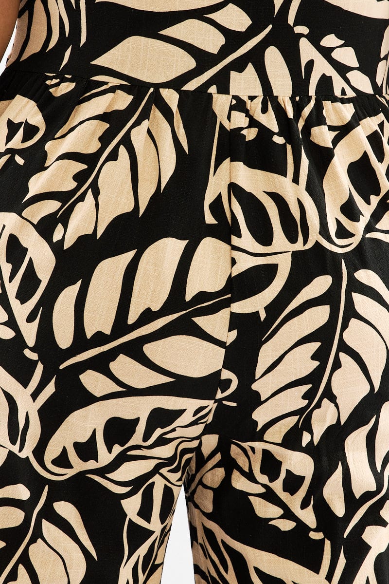 Black Floral Jumpsuit Sleeveless Shoulder Tie Linen Blend - Image 6