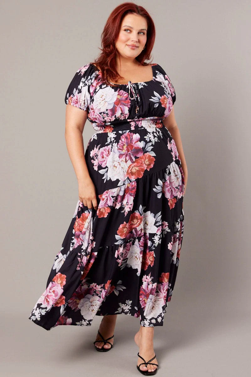 Black Floral Maxi Dress Short Sleeve Tiered - Image 2