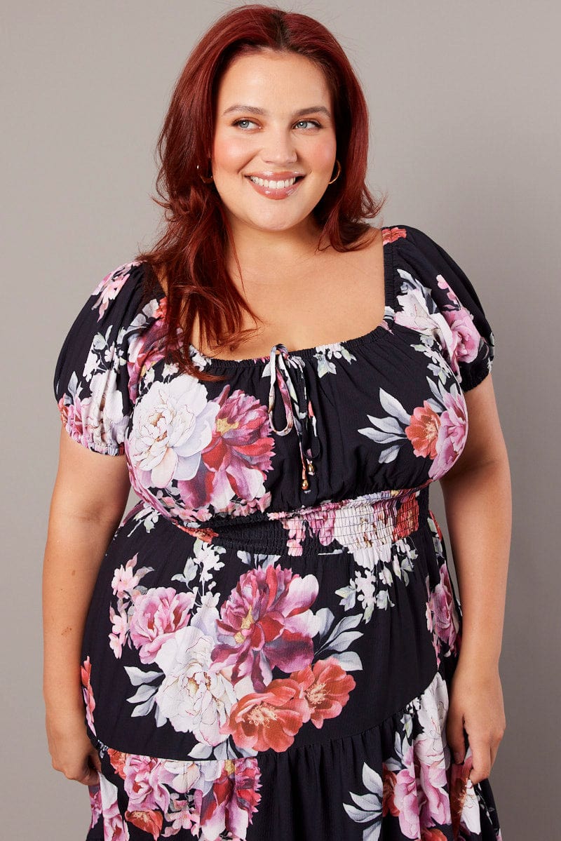 Black Floral Maxi Dress Short Sleeve Tiered - Image 3