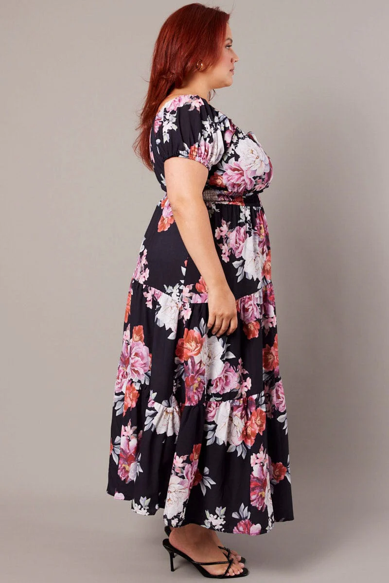Black Floral Maxi Dress Short Sleeve Tiered - Image 4