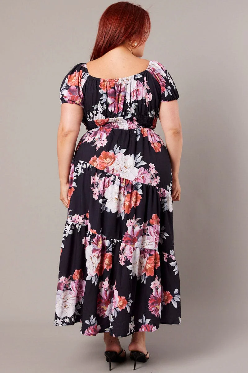 Black Floral Maxi Dress Short Sleeve Tiered - Image 5