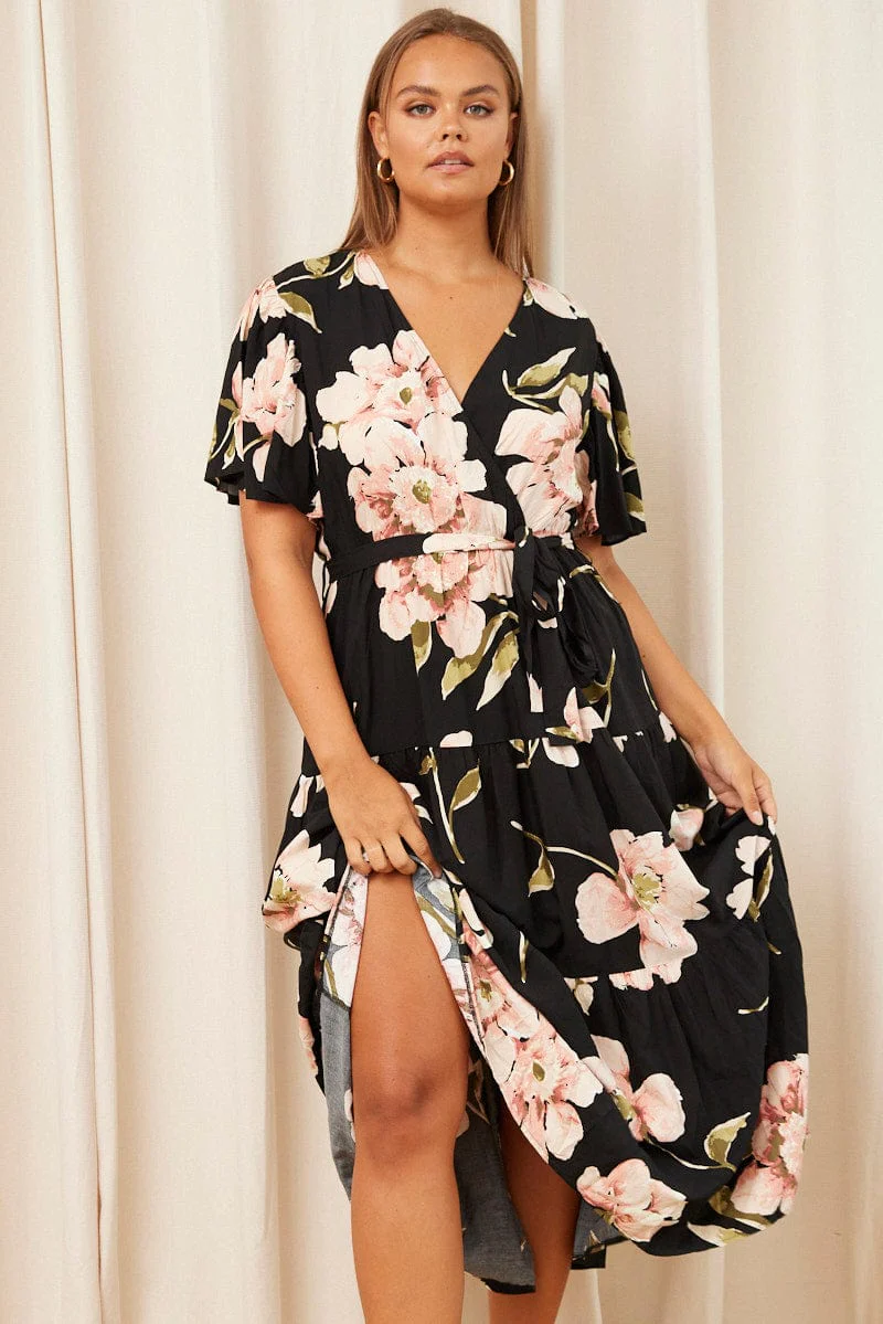 Black Floral Maxi Dress Short Sleeve Wrap Front Tiered - Image 2