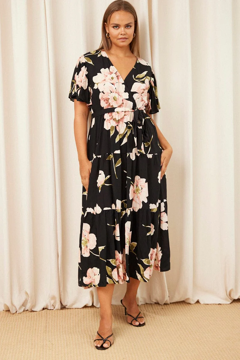 Black Floral Maxi Dress Short Sleeve Wrap Front Tiered - Image 3