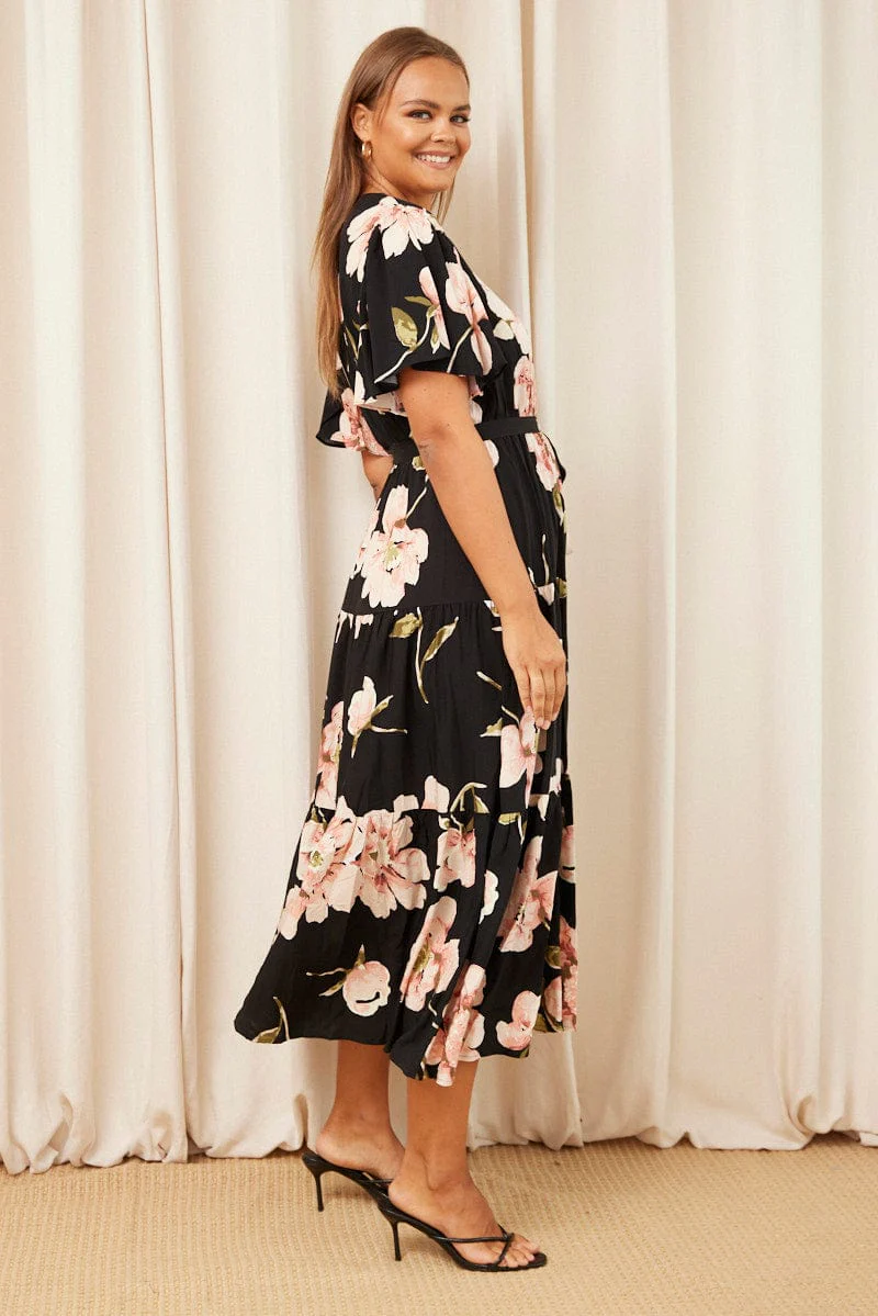 Black Floral Maxi Dress Short Sleeve Wrap Front Tiered - Image 4
