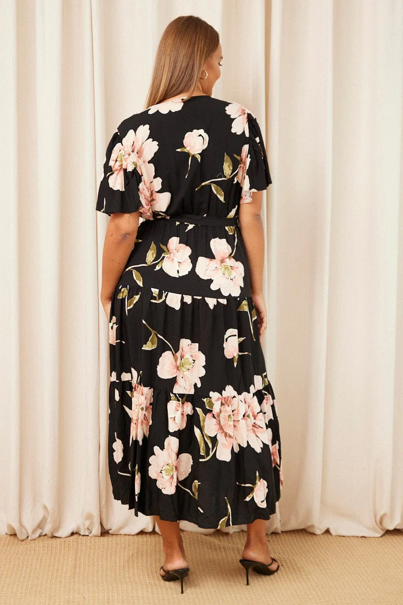 Black Floral Maxi Dress Short Sleeve Wrap Front Tiered - Image 5
